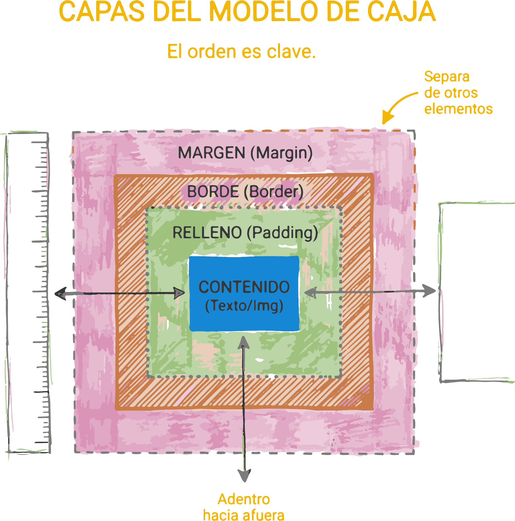 Diagrama del box model con content, padding, border y margin