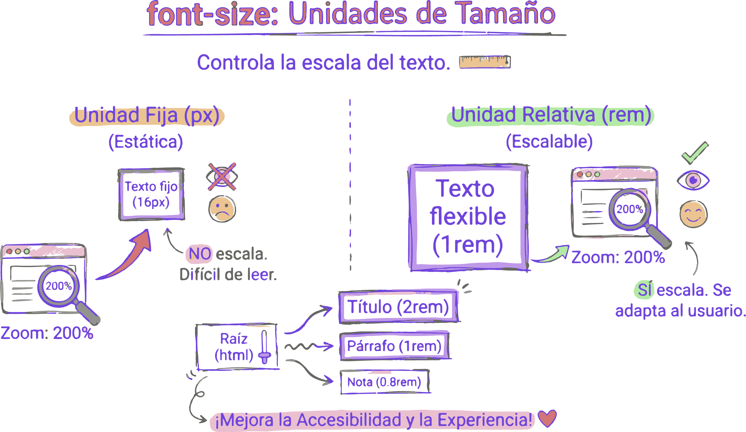 Comparación visual entre unidades px y rem en tipografía