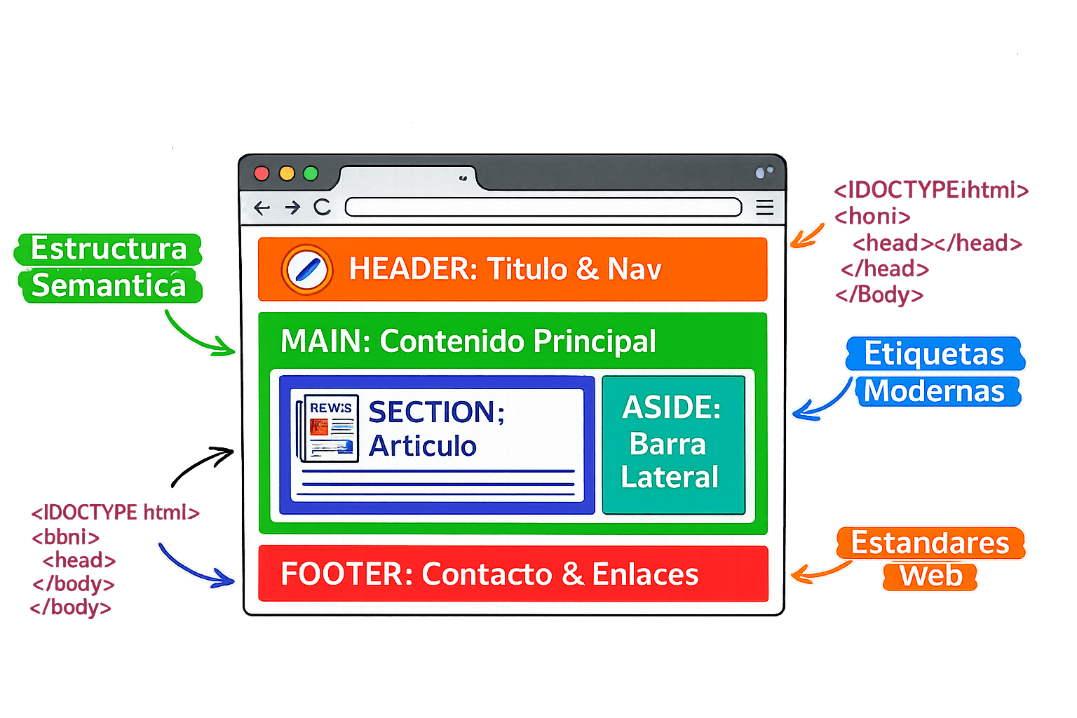 Ilustración que resume los pilares del HTML5 moderno